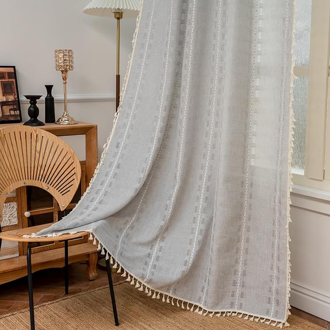 Deeprove Silver Grey Boho Curtain 96 inches Length for Living Room Bedroom Nursery Doorway, Sheer Bohemian 96 inches Long, Stripe Embroidery Privacy Window Fringe Christmas Decor W52 x L96, 1 Panel
