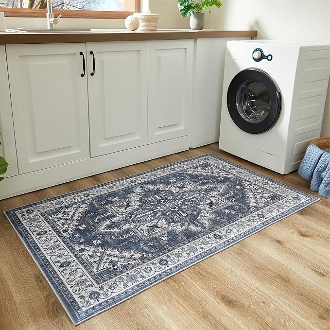 WITSHOCK Living Room Area Rugs 3x5: Washable Rug Boho Soft Non-Slip Low Pile Stain Resistant Foldable Carpet for Bedroom Playroom Dining Room Office Kitchen Farmhouse Home Decor Rug-Blue