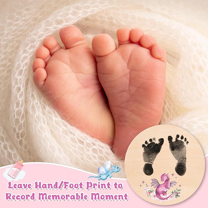 R HORSE Baby Birth Announcement Sign with Marker Pen, Pink Dragon Baby Name Sign with Ink Pad for Hand and Footprints, Wooden Hello World Newborn Announcement Nursery Decor Keepsake Gifts