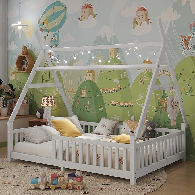 Full House Bed with Roof & LED Light, Low Profile House Bed with Fence, Safe Guardrails, DIY-Friendly for Boys & Girls, Solid Wood & MDF Construction, No Box Spring Required, White