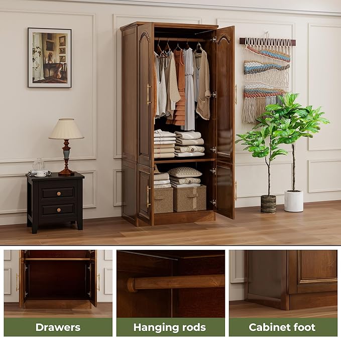 Solid Wood Wardrobe Closet:TemkTuek 70.87" Armoire,Clothing Storage Cabinet with Doors,Shelves and Hanging Rails,Vintage Freestanding,Bedroom,Wood Grain Color(22)