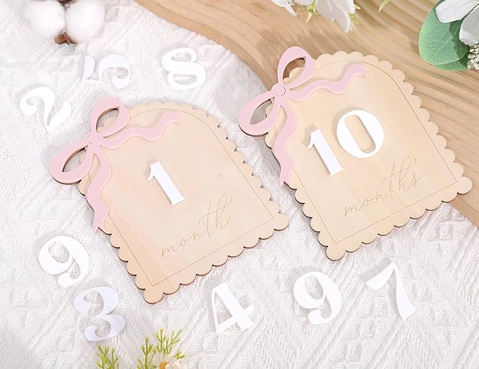 2 Pcs Baby Monthly Milestone Cards - Wooden Photo Props for Newborn, First Year Keepsake (0-12 Months) - New Mom Present, Boy Girl Announcement Sign (Pink Bow)