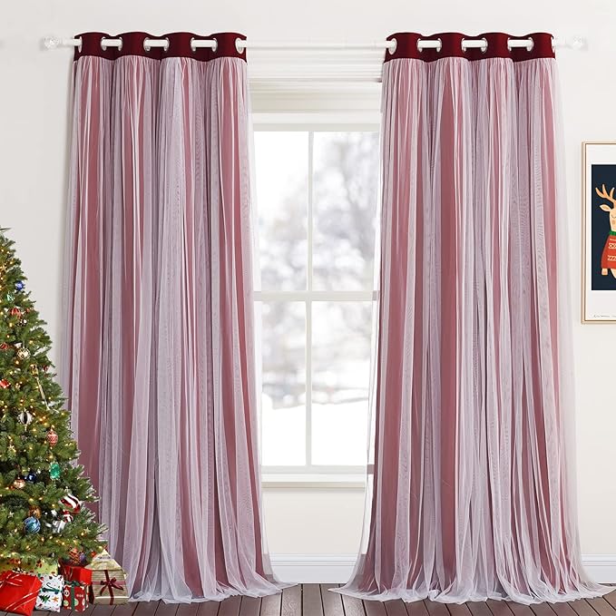 PONY DANCE Sheer Overlay Blackout Curtains - Room Darkening Curtains and Sheer Layered, Grommet Draperies for Living Room Window Decoration with Extra Tiebacks (W52 x L84 inch, Red, Set of 2)