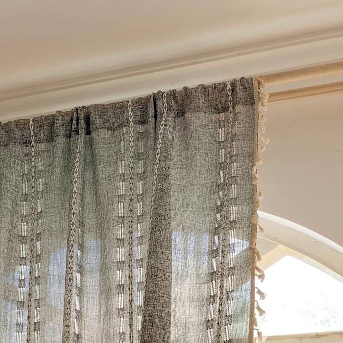 Deeprove Dark Grey Boho Curtain 63 inches Length for Living Room Bedroom Nursery, Chic Bohemian 63 inches Long Abstract Stripe Embroidery Privacy Window Fringe Decor W52 x L63, Single 1 Panel