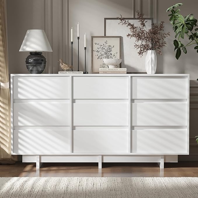 White Dresser for Bedroom, 59" Wide 9 Drawer Dresser, Mid Century Modern Dressers Chest of Drawers, Wooden Large Dressers for Bedroom, Closet