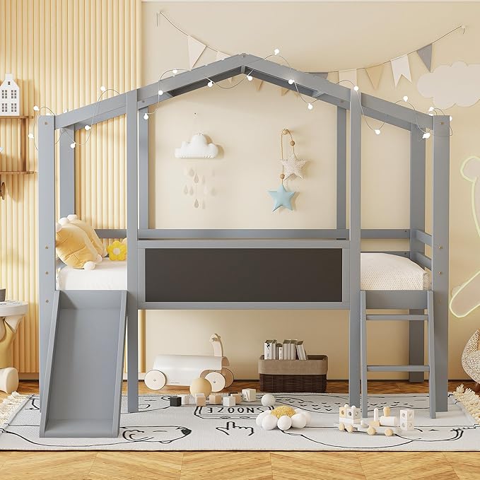 Play Fun Design Twin Size Loft Bed with Ladder and Slide for Kids Boys Girls, Solid Wood House Loft Bed Frame with Blackboard and Light Strip on The Roof, Sturdy Slat Support (Gray-6)