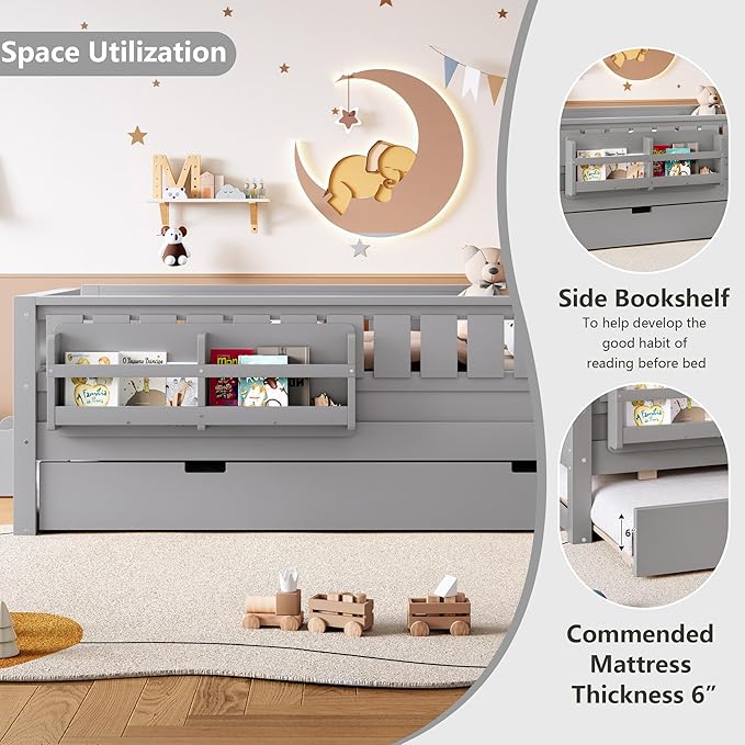Bellemave Twin Bed with Trundle Twin and Stairs, Twin Size Platform Bed Frame with Fence and Bookshelf, Easy Assemble Beds for Kids, Girls, Boys, Gray