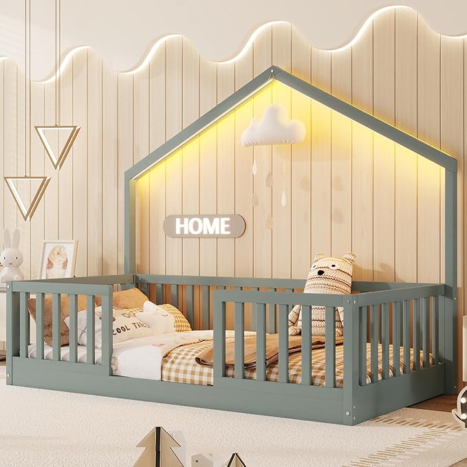 Twin Size House Bed for Kids, Low Profile Montessori Bed Twin with High Railings, Wood House Shape Montessori Beds with Light & Roof for Kids, Gray