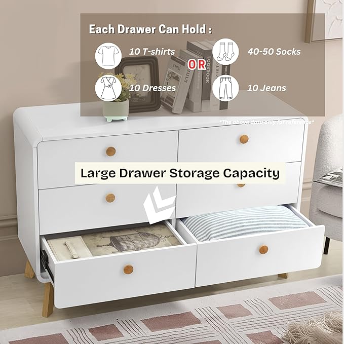 ELISA HOME Aries 6 Drawer Dresser for Bedroom, Modern Wide Chest of Drawers, Wood Storage Organizer for Clothes, Entryway, Hallway, Nursery or Living Room, White