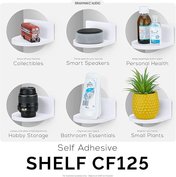 BRAINWAVZ 4.6" Round Baby Monitor Wall Mount Shelf, Adhesive & Easy to Install, Also for Cameras, Speakers, Decor, Toys, Bedroom, WiFi Routers, Kitchen, Cable Box & More, (CF125, White)