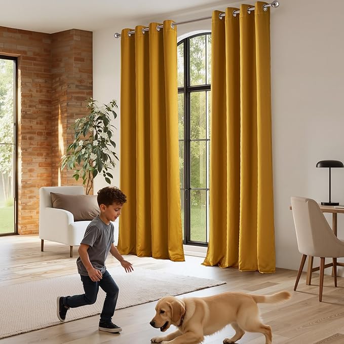 NICETOWN 100% Blackout Window Curtain Panels, Gold, 2 Pieces, 52" Wide Each Faux Silk Panel, Heat and Cold Blocking Drapes with Black Liner for Nursery, 84" Drop Thermal Insulated Draperies