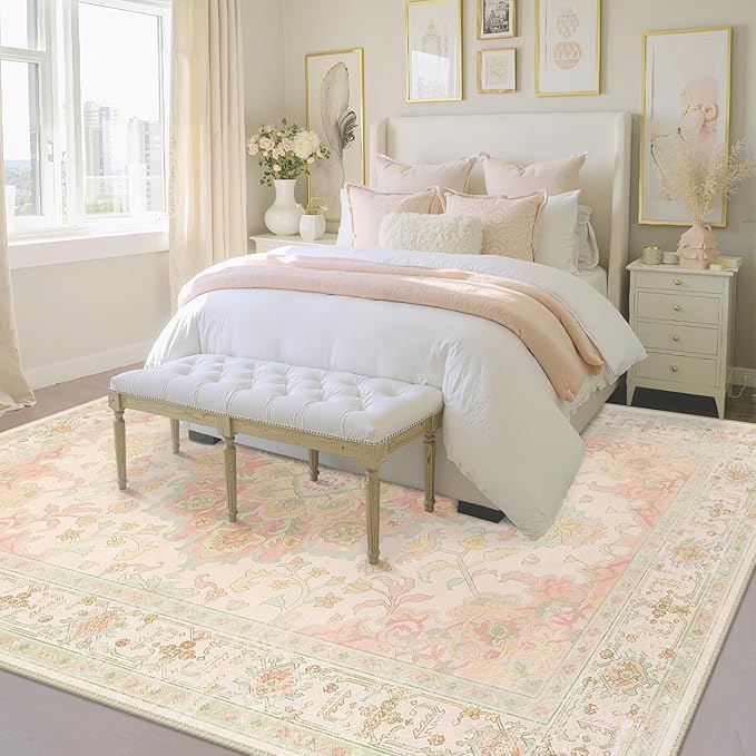 Machine Washable Rugs Nursery Rug 5x7 Cute Girl Non Slip Low Pile Water Repellent Soft Print Pattern for Bedroom Indoor Decor Kids Playroom Pinkgreen