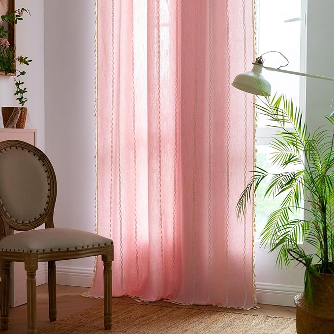 Deeprove Pink Boho Curtains 63 inches Length for Baby Girl Bedroom Nursery, Vintage Bohemian 63 inches Long Embroidery Farmhouse Light Filter Country Tassel Window Treatments, W52 x L63, 1 Panel