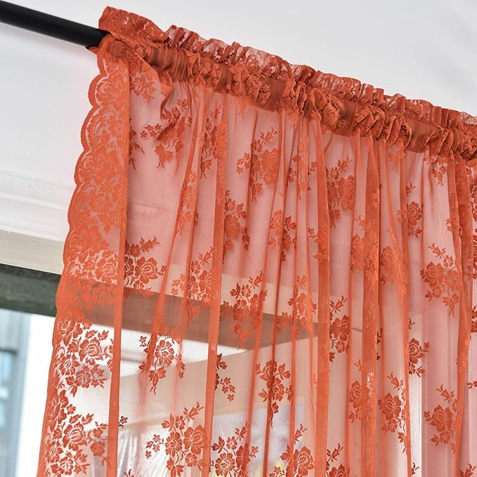 Kotile Burnt Orange Sheer Curtains 36 Inch Length 2 Panels, Country Rustic Floral Short Fall Curtains for Kitchen Window, Rod Pocket Privacy Sheer Lace Curtain Short, 42 x 36 Inch Each, Burnt Orange