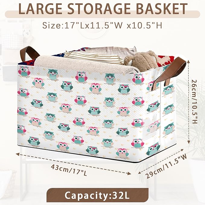 Owl Pattern Storage Basket Large 17x11.5x10.5 Inche-Collapsible Fabric Organizer Bin with Handles for Nursery, Valentines Decor, Toys-Foldable Decorative Hamper with Romantic Owl Design-Single Pack