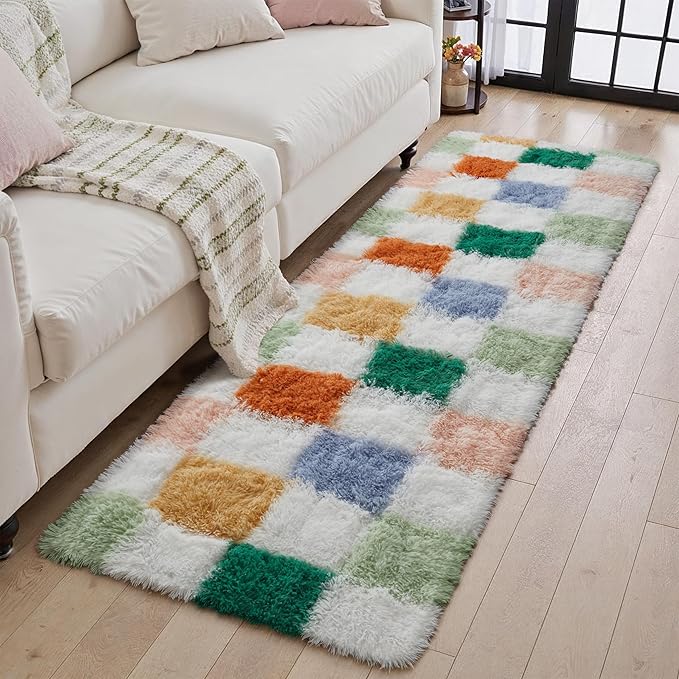 Checkered Area Rug 2x6 for Bedroom, Modern Neutral Shag Rug Super Soft Runner Carpet Washable Fluffy Rugs for Living Room Bedside Sofa Home Dorm Decor Aesthetic