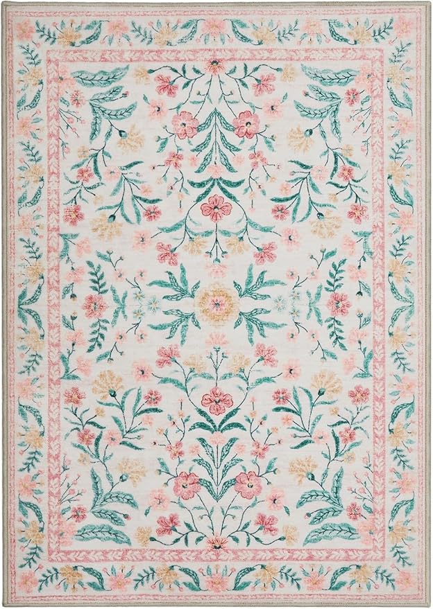 Pink Entryway Rug 2x3, Floral Distress Print Carpet, Low Piles Indoor Rugs, Washable Door Mat, Living Room Entrance Traditional Distressed Retro Accent Throw Rug, Non Slip Perfect for Office Bathroom