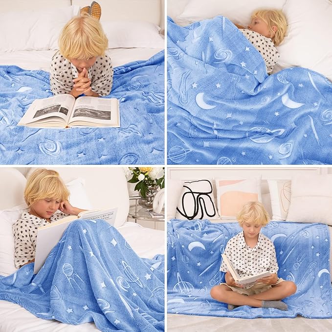 inhand Blue Glow in The Dark Blanket Space Toys Birthday Gifts for Boys Cute Kids Blanket and Funny Space Planet Moon Galaxy Room Decor for Age1 2 3 4 5 6 7 8 9 10 Year Old (30''x40''Blue)