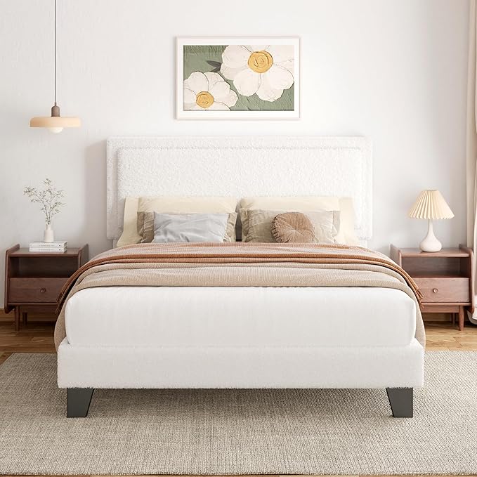 Queen Size Bed Frame, Upholstered Platform Bed Frame with Adjustable Headboard, Soft Boucle Fabric, Modern Style, No Box Spring Required, Easy Assembly, Off-White