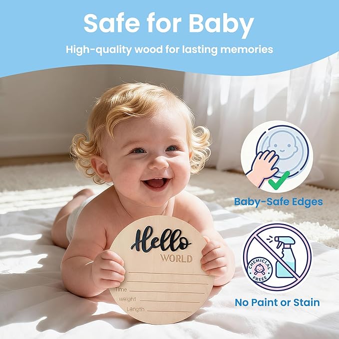 Baby Announcement Sign with Pen, 5.9 Inch Wooden Hello World Newborn Sign for Hospital, 3D Birth Announcement Board, Welcome Baby Name Signs for Nursery, Newborn Gift for Boy & Girl,Black