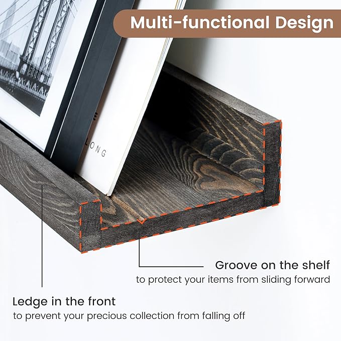 Picture Ledge Wall Shelves 16 inch Width Set of 2, Solid Pine Wood Rustic Floating Ledge Shelves for Wall for Kids' Room Bedroom Kitchen Bathroom Living Room Nursery Display Wall Decor, Grey
