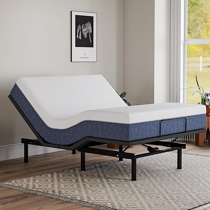 EGOHOME Adjustable Bed Base Frame Queen Size and 14 inch Charcoal Gel Memory Foam Mattress, Independent Head and Foot Incline Wireless Remote Electric Foldable Metal Bed Base,Zero Gravity