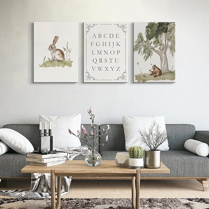 LSXARTQQ Set of 3 Woodland Nursery Wall Art Neutral Forest Animal Alphabet Canvas Wall Decor Vintage Nursery Wild Animals Paintings Pictures Kids Boys Girl Room Bear Bunny Artwork Prints(16x24inch)