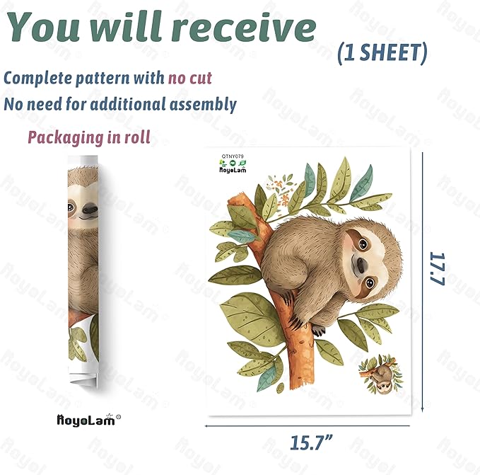 Cute Cartoon Sloth on Tree Branch Wall Decal Nursery Animal Wall Sticker Removable Peel and Stick Wall Art Decor Stickers for Kids Baby Classroom Preschool Playing Room Bedroom School