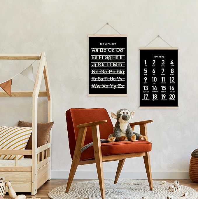 HRQKO Black Alphabet Numbers Poster Hanger Frame Set of 2, Nursery Wall Decor, ABC Poster Wall Art with Wooden Frames, Alphabet Banner Wall Hanging Decor for Playroom Boy Toddler Room, 16x24 inch