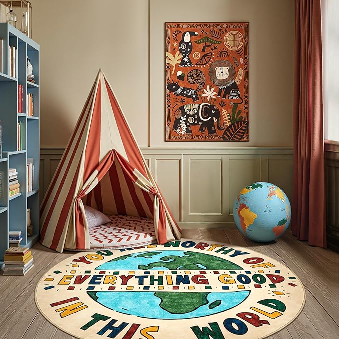jinchan 5ft Round Rug Washable Fun Rug You are Worthy Playroom Mat Non Slip Cheerful Circle Cool Floor Cover Soft Cozy Low-Profile Emotional Support Throw Carpet for Kids Gift Teens Entryway Bedroom