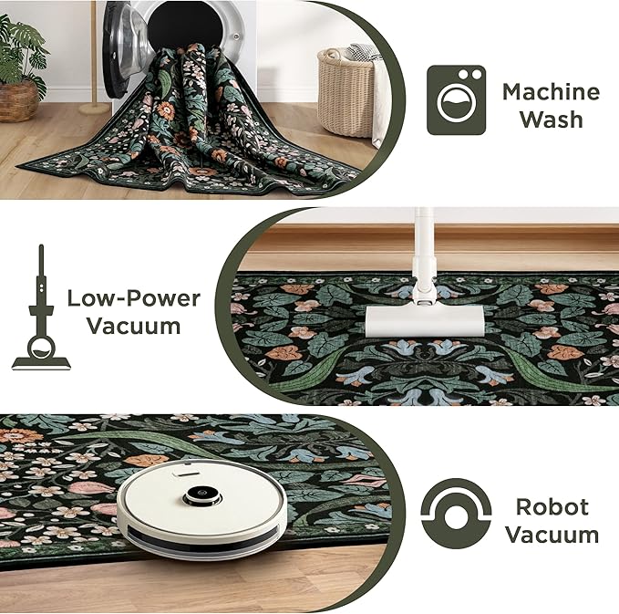 3x5 Floral Washable Area Rug for Kitchen, Non-Slip Soft Vintage Boho Carpet, Botanical Forest Green Small Low Pile Rugs for Bedroom, Entryway, Home Office, Dorm, Black and Green
