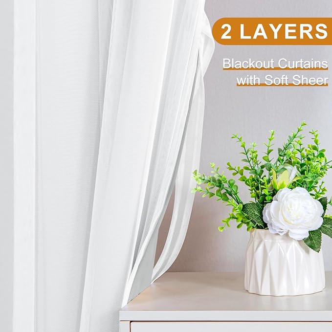 DWCN Layered Curtains for Living Room Blackout and Sheer Curtains Grommet Top Window Treatments with Sheer Overlay for Bedroom, 52 W by 63 L, Cloud Grey, 2 Pieces
