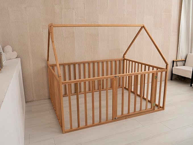 BUSY WOOD Montessori Bed with High Rails for Toddlers - Twin Floor Bed - Full, Queen, King, Small - Wooden Floor Bedframe (Model 21)