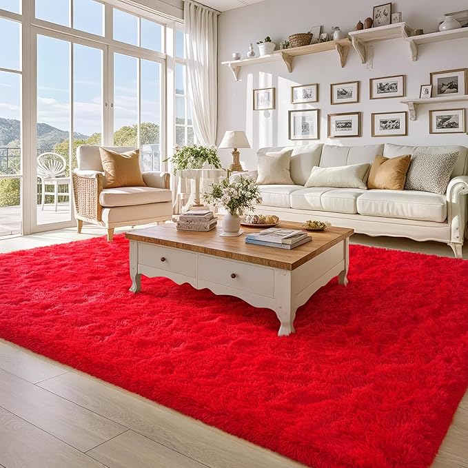 BENRON Soft Fluffy Rugs for Living Room 8 x 10 Red, Extra Large Area Rug for Bedroom Dining Table Office Kids Nursery Room, Machine Washable