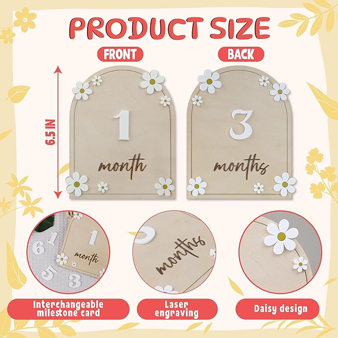 Wooden 3D Baby Monthly Milestone Cards Monthly Milestone Discs Newborn Photography Props Baby Announcement Sign Baby (Daisy)