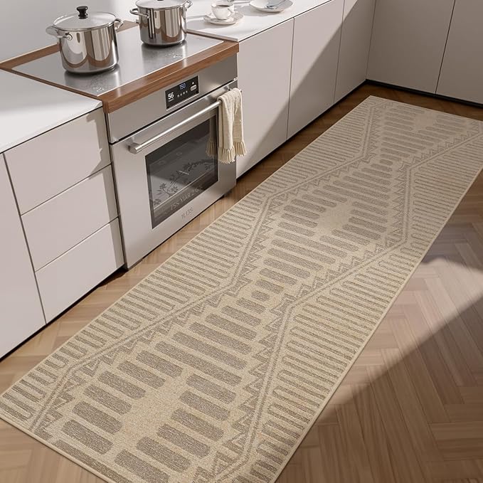 Boho Beige 2x8 ft Runner Textured Tufted Rugs for Hallway Kitchen Bedroom Entryway Long Non Slip-Carpet Washable Cream Neutral Modern Geometric Moroccan Aztec Rug