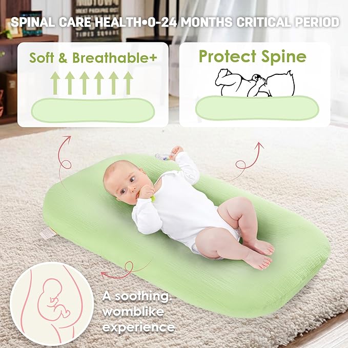 Freejoy Baby Lounger for Newborn, Portable Baby Nest, Soft Cotton Breathable Washable Infant Lounger for Home and Travel (Green)
