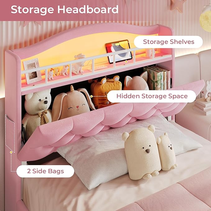 BTHFST Twin Bed Frame with Storage Headboard & 4 Drawers, Girl Upholstered Storage Bed with LED Lights & Charging Station, No Box Spring Needed, Easy Assembly, Pink