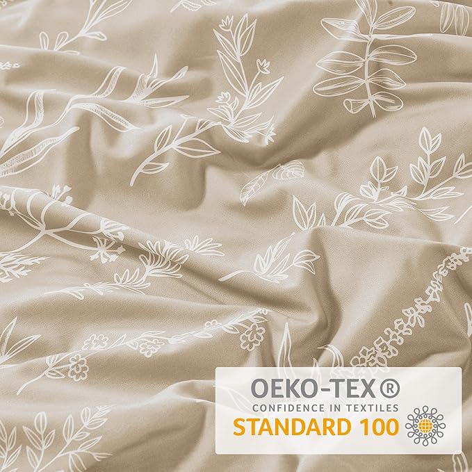 MUXHOMO Duvet Cover Full Size, Reversible Floral Beige Duvet Cover Set with Zipper Closure, 3 Pieces Botanical Patterns Soft Microfiber Bedding Set with 4 Ties (80"x90", 2 Pillow Cases)