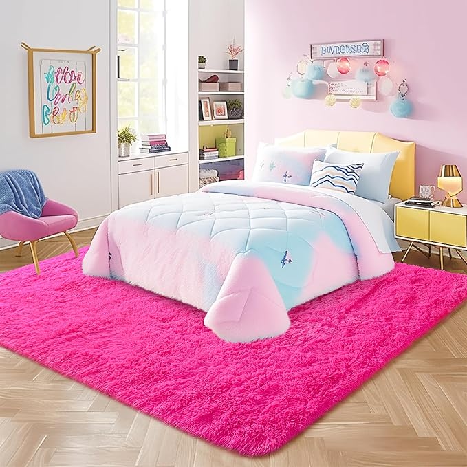 Fluffy Rug Stain Resistant 6x9 Feet, Hot Pink Throw Rugs Bedroom Nursery Rug Furry Throw Carpets for Teen Girls