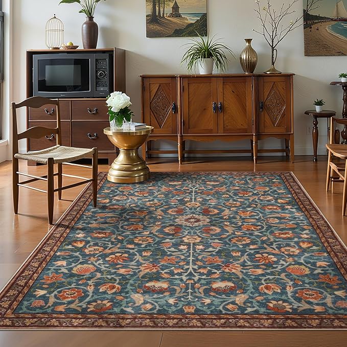 Anidaroel Floral Living Room Rugs 5x7, Washable Large Area Rugs for Bedroom Non Slip Soft Rug, Low Pile Stain-Resistant Dining Room Mat Boho Carpet for Farmhouse Home Office Dorm, Blue&Red