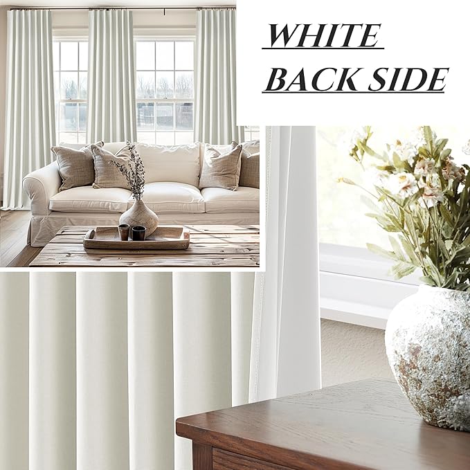 Beige White 100 Inch Bedroom Curtains Blackout,Country Cottage Core Thick Linen Pleat Window Drapes for Nursery Kids Room Thermal Room Darkening Winter Curtains to Keep Cold Out 40"Wx100"L 2 Panels