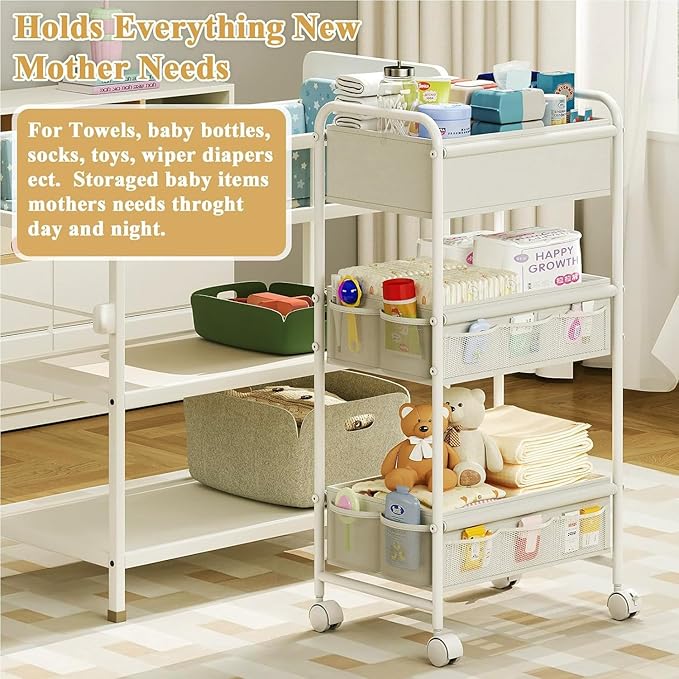 3-Tier Baby Diaper Caddy Cart Organizer,Mobile Nursery Storage Cart with Wheels,With 2 Dividers&14 Mesh Pockets Durable Metal Utility Cart for Nursery, Bedroom, Bathroom, Baby Essentials Organization