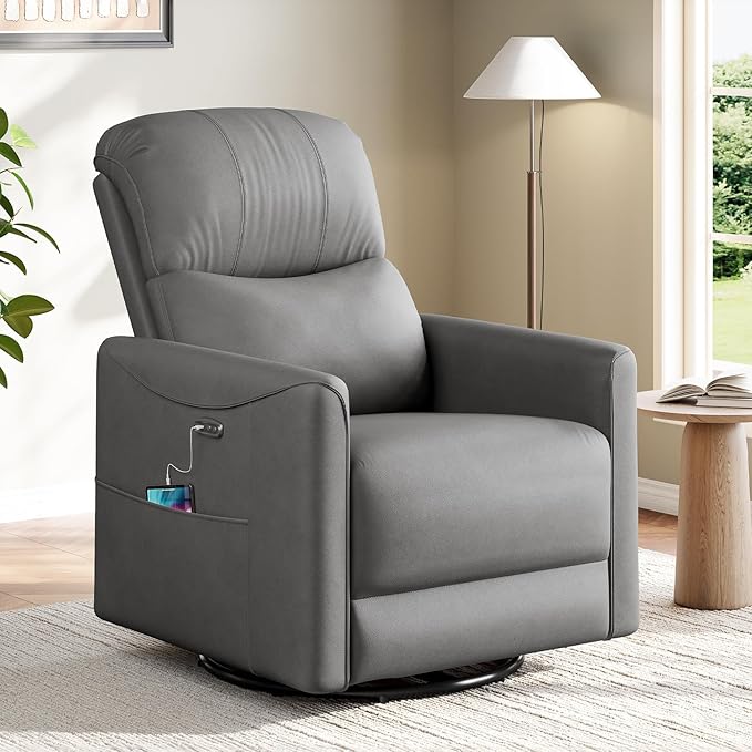 Power Swivel Rocker Recliner, 360° Swivel Nursery Rocking Chair, PU Leather Glider Rocking Recliner, Infinite Position Electric Chair for Adults with USB Port for Living Room, Dark Gray
