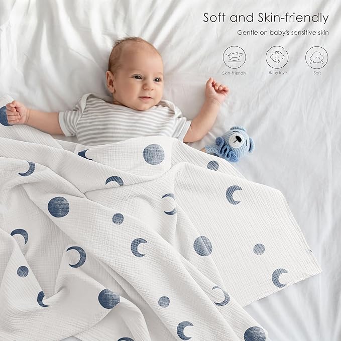 Bearmoss Muslin Swaddle Blankets, 40 x 38 inches Baby Swaddle for Boys and Girls, Soft Baby Blanket, 3 Pack Breathable Nursery Receiving Blankets (Bluemoon)