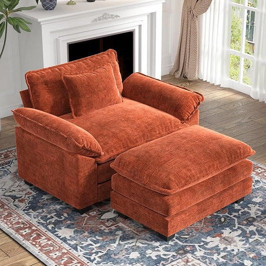 CDCASA Oversized Accent Chair with Ottoman, Chenille Comfy Cloud Sofa Chair with Large Seat and Upholstered Armrests, Modern Extra Wide Armchair for Bedroom, Living Room,Terracotta Orange