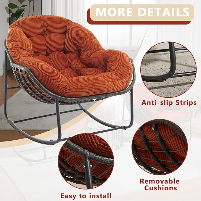 Oversized Outdoor Papasan Rocking Chair Set of 2 with Soft Cushion, Comfy Patio Egg Chair, Wicker Lounge Rocker for Balcony/Porch/Garden, Reinforced All Weather Rattan Frame, Burnt Orange