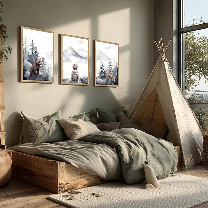Cyebmo Woodland Boy Nursery Wall Art Set of 3, Whimsical Boy Adventure Wall Decor, Mountain Forest Animal Bear Fox Canvas Painting for Classroom Kids Room Baby Nursery Wood Framed 16"x24"x3