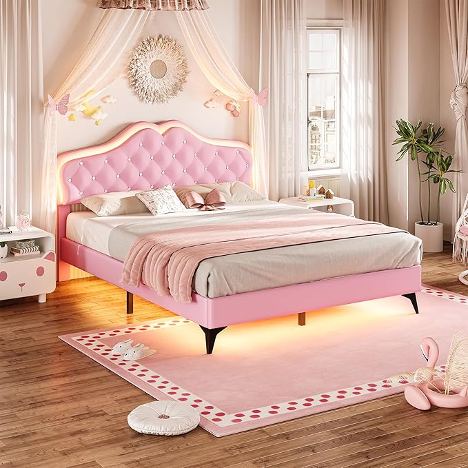 BTHFST Queen Size Upholstered Bed Frame with LED Lights, Princess Platform Bed for Girls, Adjustable Headboard with Crystal Button, Solid Wood Slats Support, No Box Spring Needed, Pink