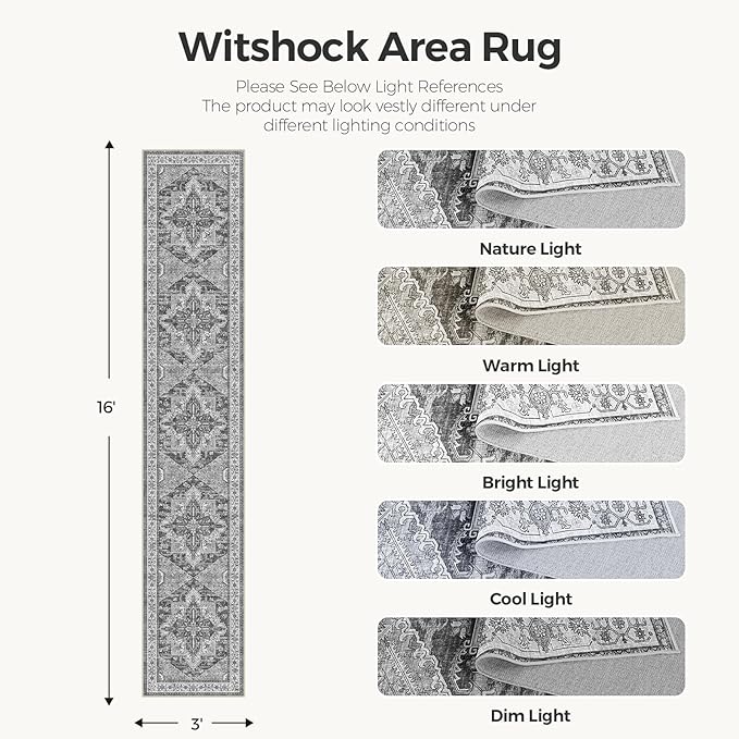 WITSHOCK 3x16 Extra Long Runner Rug for Hallway: Washable Boho Low Pile Stain Resistant Foldable Floor Carpet for Bedroom Entryway Bathroom Kitchen, Neutral Distressed Farmhouse Rug, Grey, 36″x192″